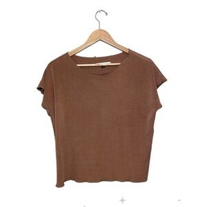 Holte Cap Sleeve Stretch Top Women's 2 Side Slits Brown Made In USA Minimalist